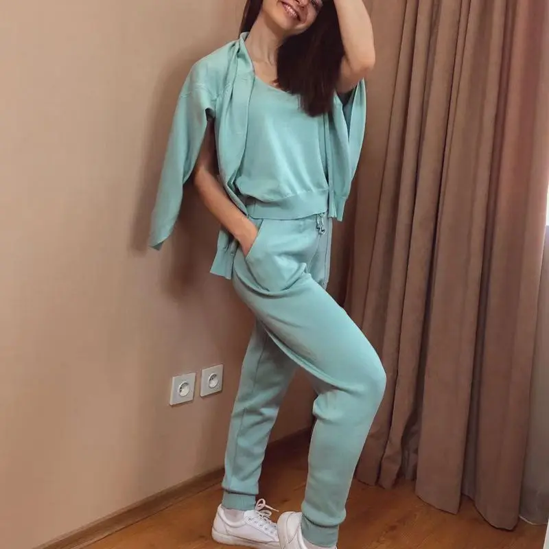 

2022 Women Tracksuits Chic 3 Piece Set Costume Knitted Solid Lounge Suit Cardigan Sweater + Jogger Pants+ Sleeveless Tank Top