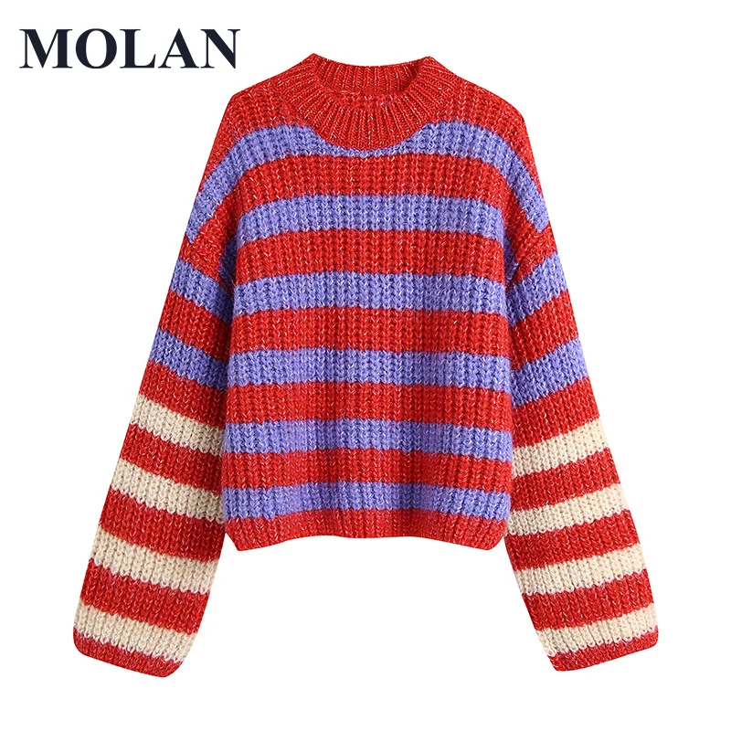 

MOLAN Stylish Striped Woman Sweater Za Vintage Plus Long Sleeve O Neck Casual Knitted Casual Sweater Warm Loose Female Outwear
