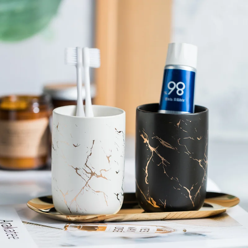 

Creative Couple Ceramic Mouth Cup Nordic Brushing Wash Cup Household Toiletries Wrought Iron Golden Bathroom Storage Tray