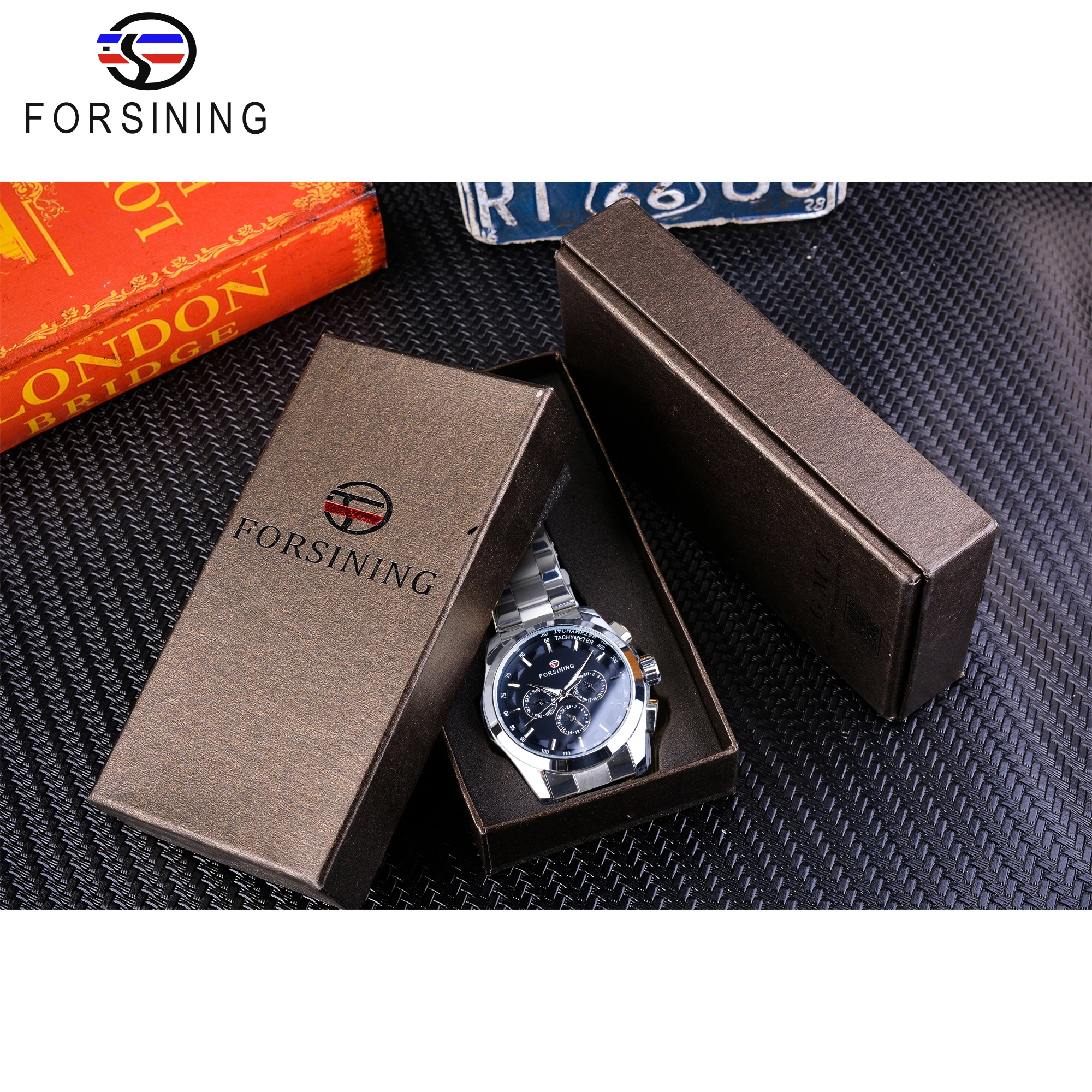 

forsining Black men's watch wristwatch 3 Dial Calendar Automatic Self-Wind Clock Business Sport Stainless Steel Belts Wristwatch