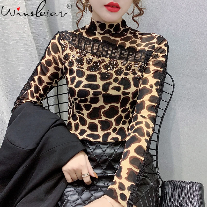 

Spring Fall Korean Mesh T-Shirt Girl Fashion Diamonds Patchwork Hollow Out Embroidery Letter Women Tops Tees New 2021 T11410A