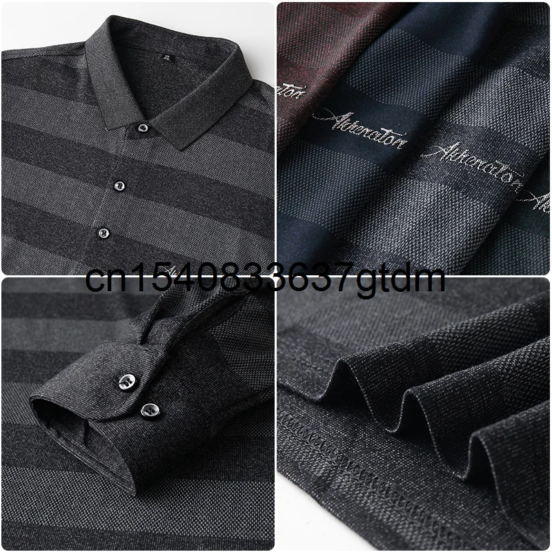 

Autumn new men's fattening oversize business casual Lapel stripe long sleeve T-shirt