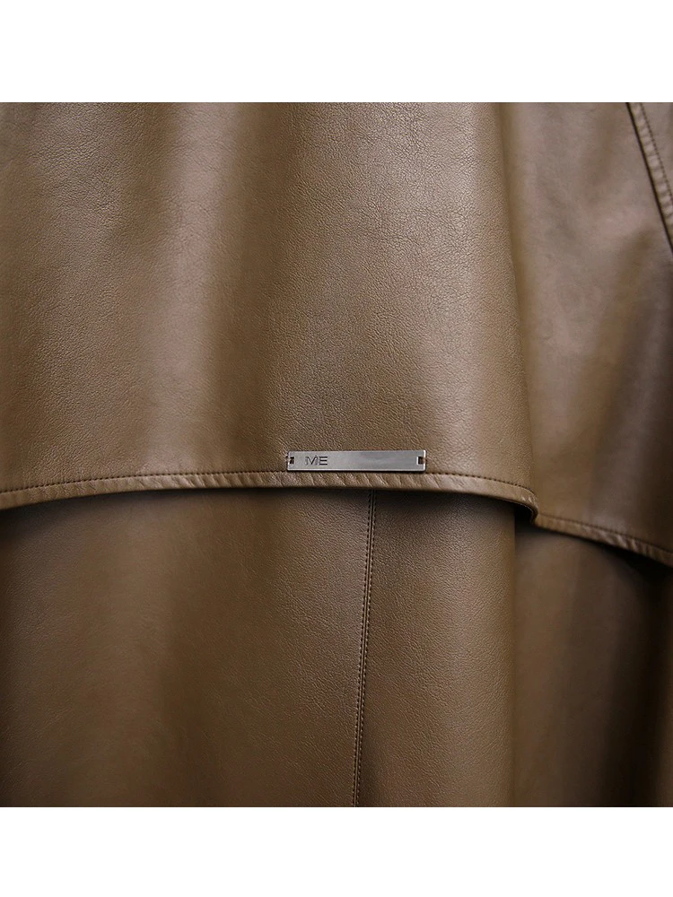 New Women Sheep Leather Trench Coat Spring Autumn Fashion Lacing Mid-Long Loose Sheepskin Jacket Stylish Outerwear Female