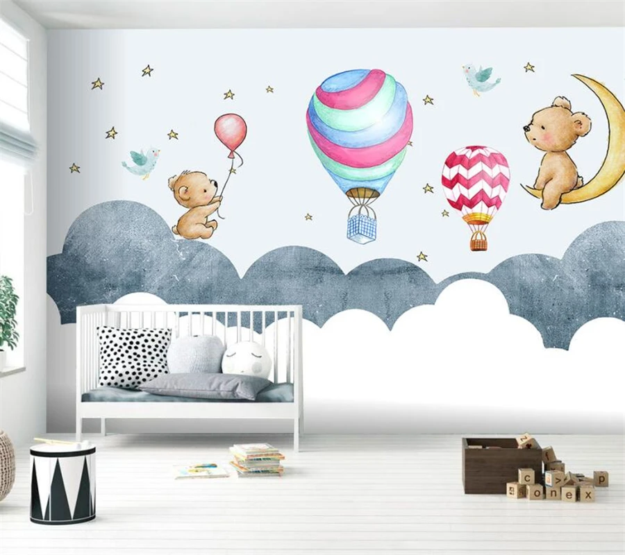 

beibehang Customized large mural modern Nordic cartoon hand-painted panda hot air balloon children's room background wallpaper