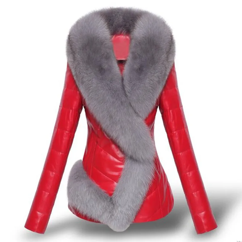 High quality Fashion Women Leather Jacket Short Faux Fox Fur Collar Slim Thick Warm Winter Coat Overcoat Motorcycle clothing | Женская