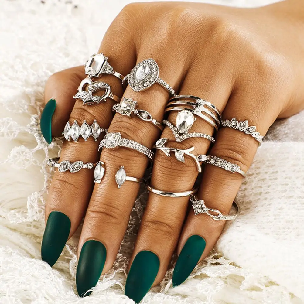 

15Pcs/Set Women Bohemian Artificial Gemstone Rhinestone Finger Ring Jewelry Gift Durable Bohemian Style Rhinestone Decor Gift
