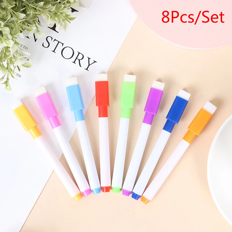 8Pcs/lot Colorful Magnet Pens Magnetic Dry Wipe White Board Markers Built In Erase Children's Drawing Pen