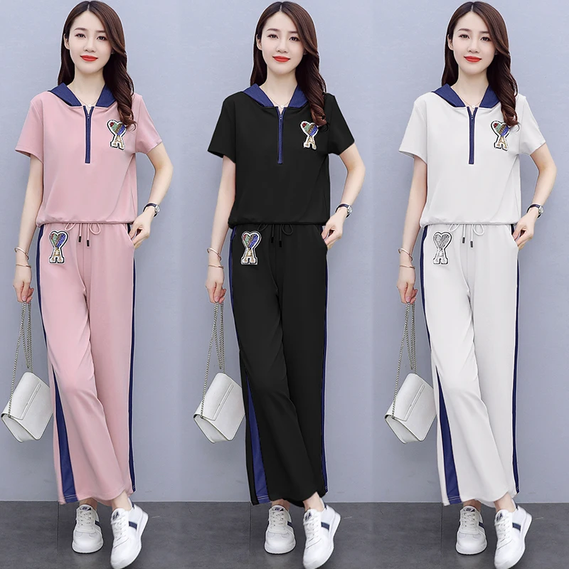 

Women's Pullover Sweatsuits Sets 2 Piece Outfits Tracksuit short Sleeve embroidery hoodies tops and Sweatpants Sport Suits
