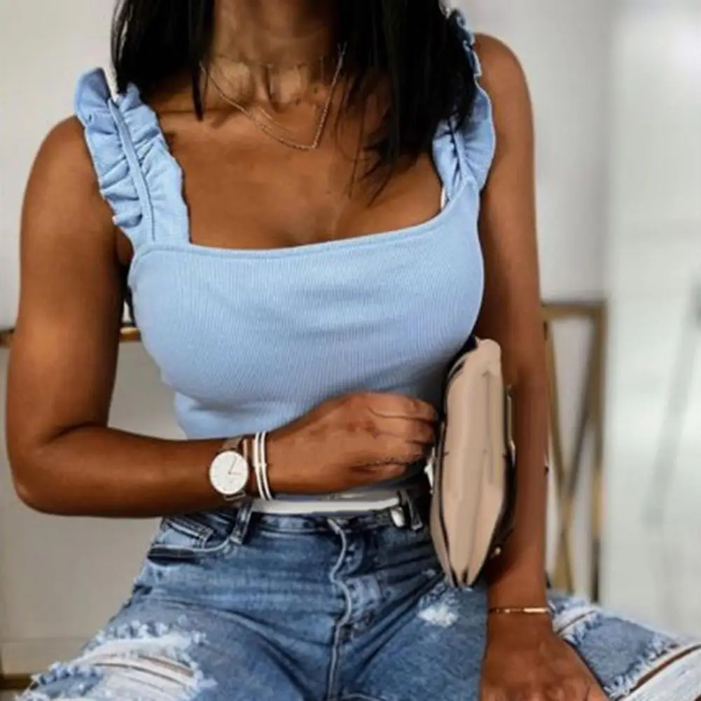 

Tank Tops Women Fashion Square Neck Sleeveless Ruffled Straps Backless Slim Sexy White Ladies Top Woman Clothing