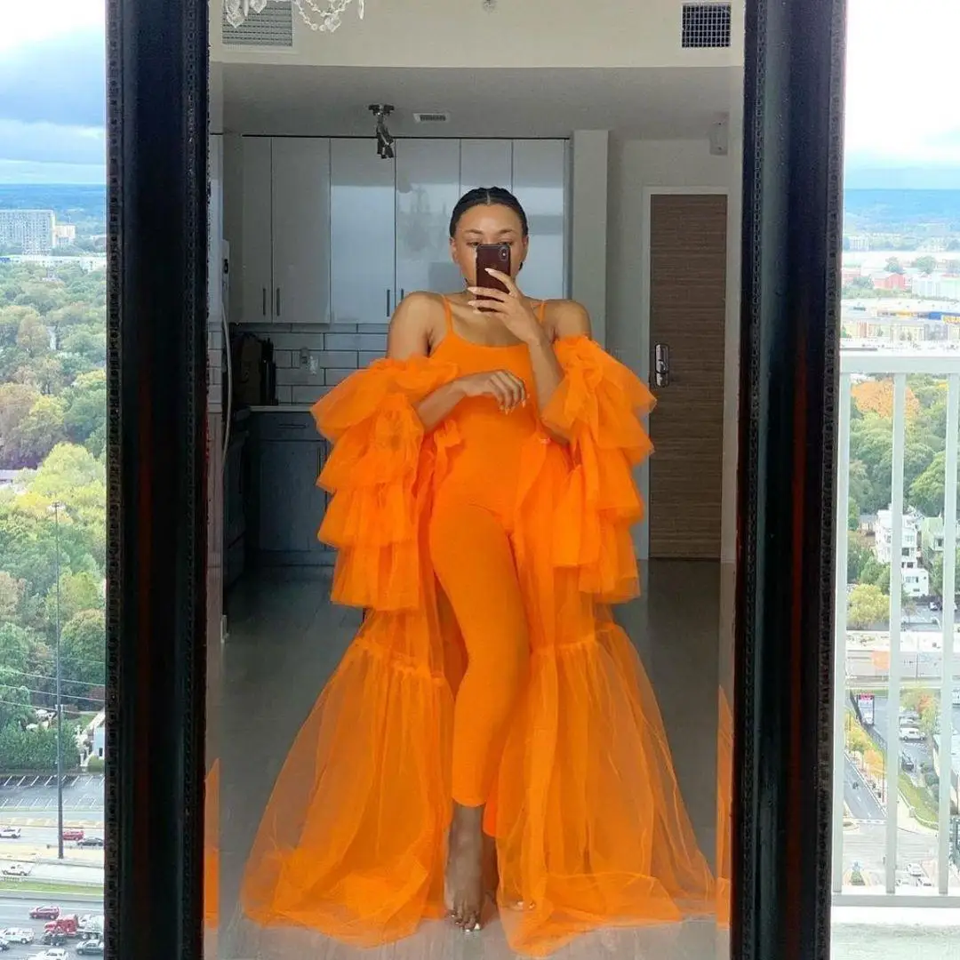 OrangeTull Dress For  Birthday Puffy Long Sleeves Women Tulle Dress robe de soiree Girls Sweet Christmas Gowns Without Jumpsuit