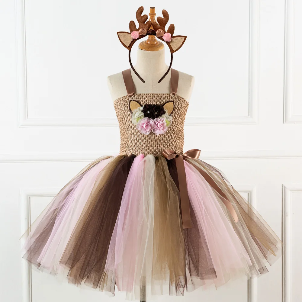 

Brown Deer Girls Tutu Dress Halloween Christmas Deer Costume Kids Tutu Dresses For Girls Birthday Party Dress Children Clothing