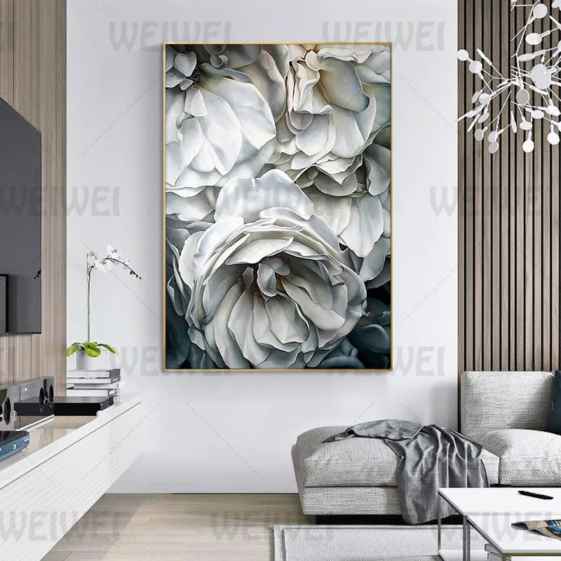 

White Big Flowers Home Decoration Painting Still Life Plants Living Room Wall Canvas Poster Elegant Bedroom Dining Room Prints