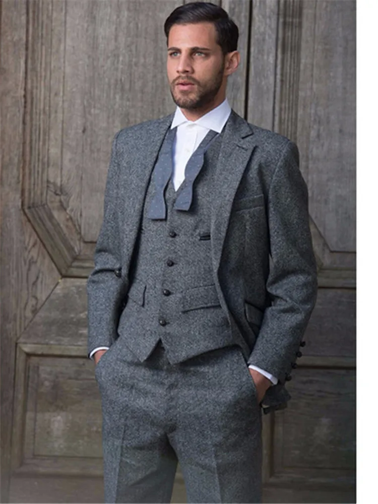 Элегантный серый Твид Официальный Мужской костюм Новые обтягивающие