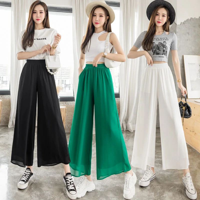 

Double layer Chiffon wide leg pants women's 2021 summer new thin high waist white drop nine point casual pants 1047#