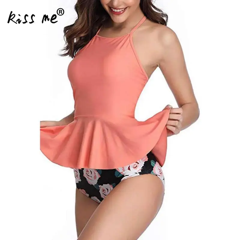 Цельный купальник с высокой талией из двух частей завязками на шее тесьмой милый