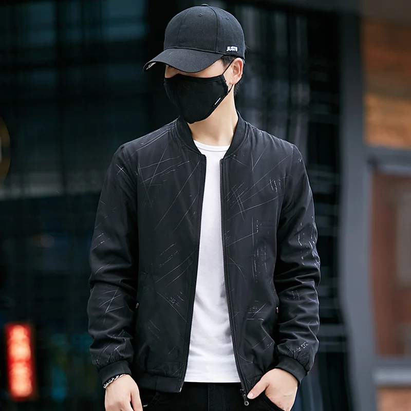 

2021 men autumn new add leisure handsome jacket teenagers line printing baseball jacket