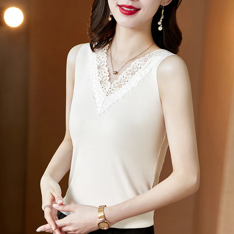 

Woman Blouse Modal Lace Stitching Vest Women Top Shirt V-Neck Polyester Patchwork Female Shirts OL Basic Womens Tops and Blouses