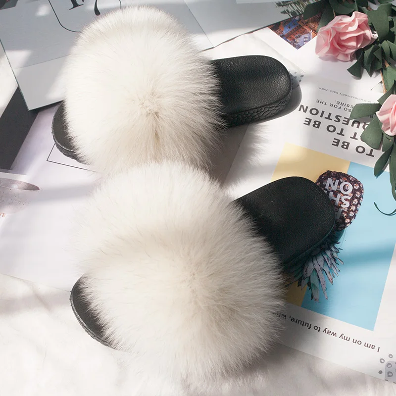 

2020 Women Furry Slides Cute Fox Fur Slide Home Slippers Fluffy Summer Sandals Fury Platform Fuzzy Shoes Indoor Sandalias Mujer