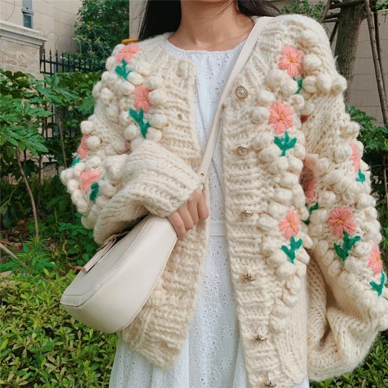 

Sweet Autumn Winter Pearl Beading Knitted Cardigan Coat Women Floral Embroidery Hairball Knitted Jacket Oversized Chic Cardigan