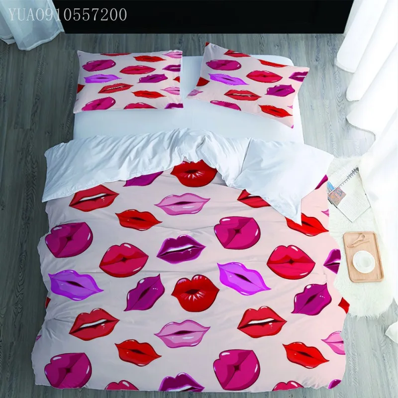 

Комплект постельного белья с принтом губ, комплект с пододеяльником и покрывалом с 3D рисунком из мультфильмов для девушек и женщин, двойное ...