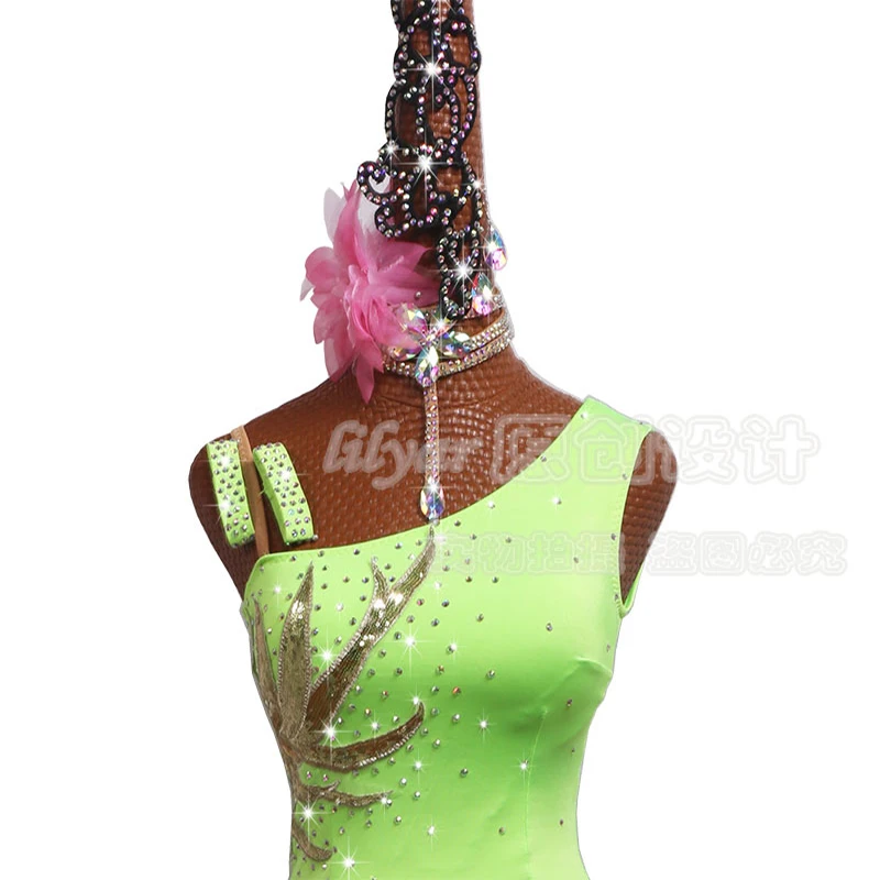 Latin Dance Dress Latin Skirt Competition Dress Costumes Performing Dresses Sparkly Rhinestones Customize Fluorescent Green Slim