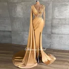 Арабское Золотое вечернее платье-Русалка с рукавом-накидкой и Боковым Разрезом, длинные официальные платья Дубая для выпускного вечера 2021