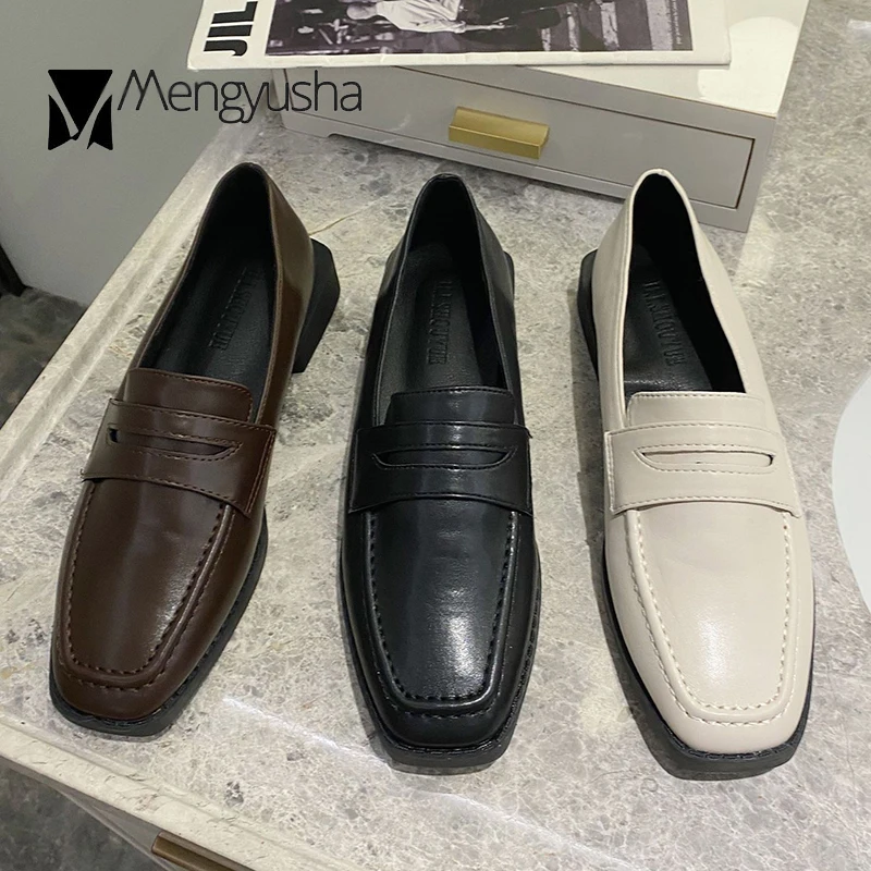 Туфли кожаные женские на низком каблуке маленькие винтажные Туфли-лоферы