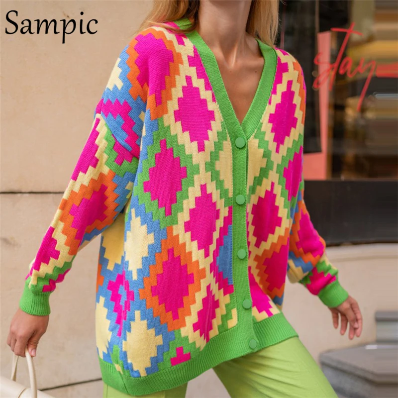 Sampic Winter Women Basic V Neck Oversized Knitwear Argyle Cardigans Green 2021 Autumn Fashion Y2K Knitted Sweater Cardigans
