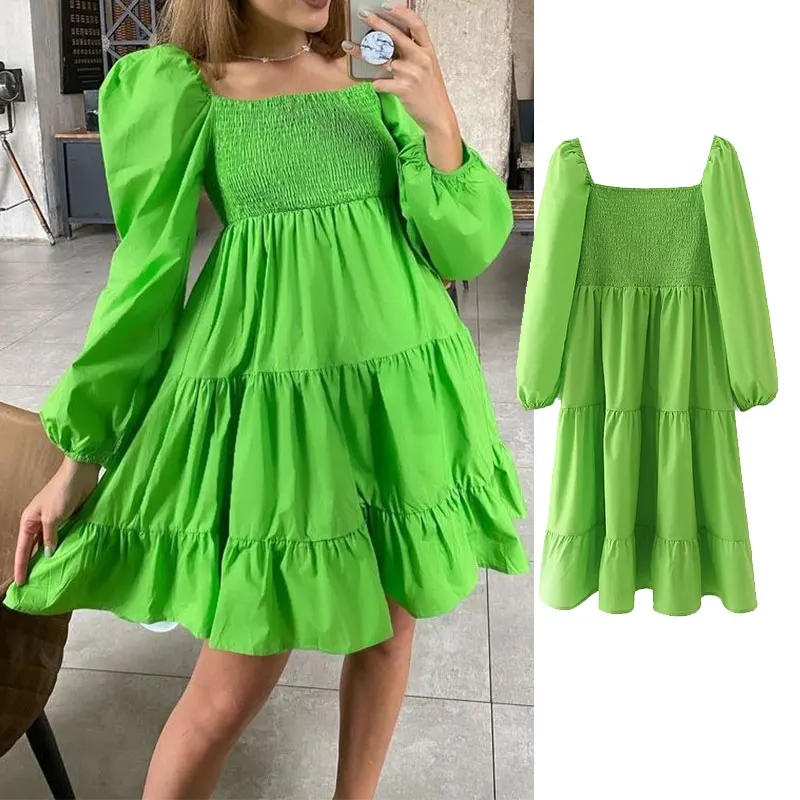 

PPYQYKX Za 2021 женское летнее модное многослойное ярко-зеленое мини-платье шикарное Плиссированное эластичное платье с пышными рукавами женское...