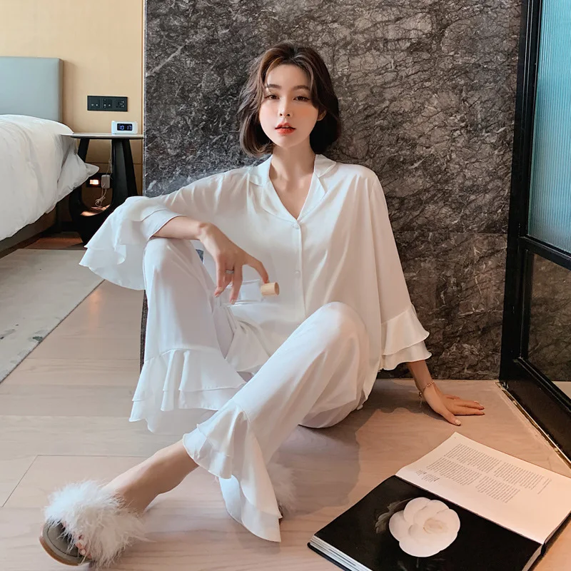 Spring New Ice Silk Pajamas Set Women's Solid Color Lapel Nightwear Long Sleeve Trousers Sleepwear Thin Home Clothes Lounge Wear