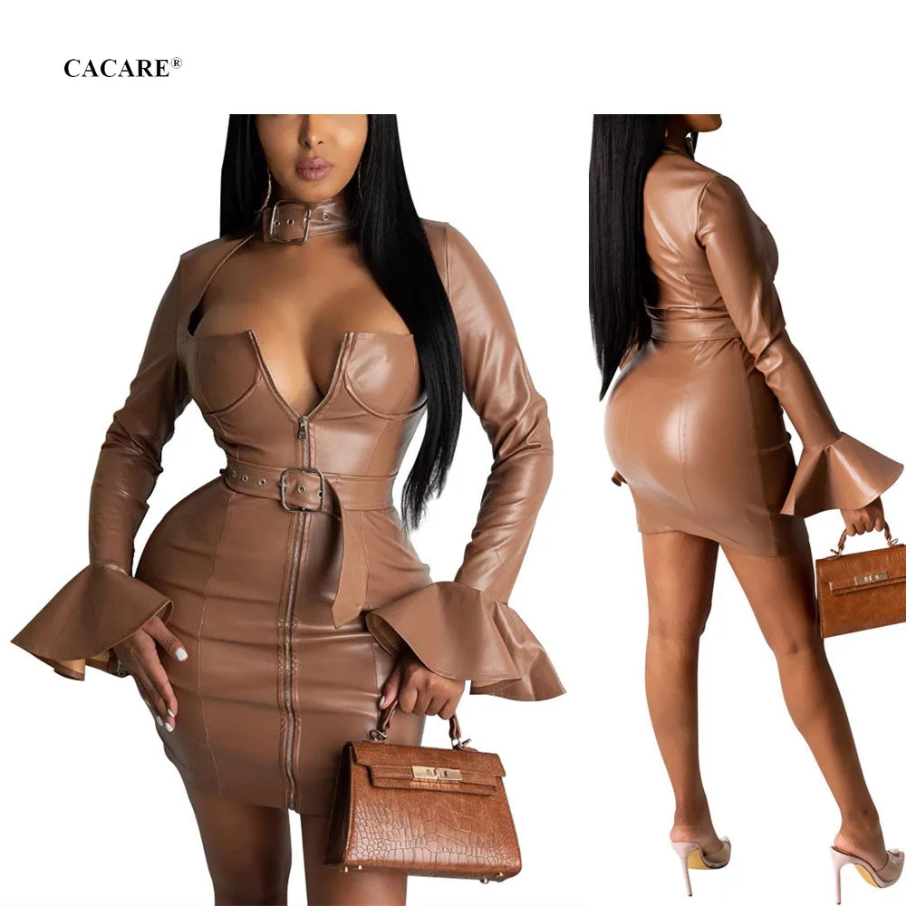 Женское облегающее платье из искусственной кожи с длинным рукавом для ночного