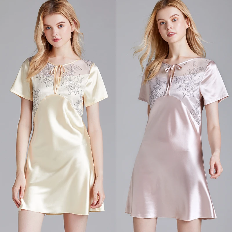 

New Ladies Clothing Summer Sleepwear Silk Sexy Pyjamas Mesh Embroidery Thin Short Sleeved Nightdress Womens Home Service Pajamas