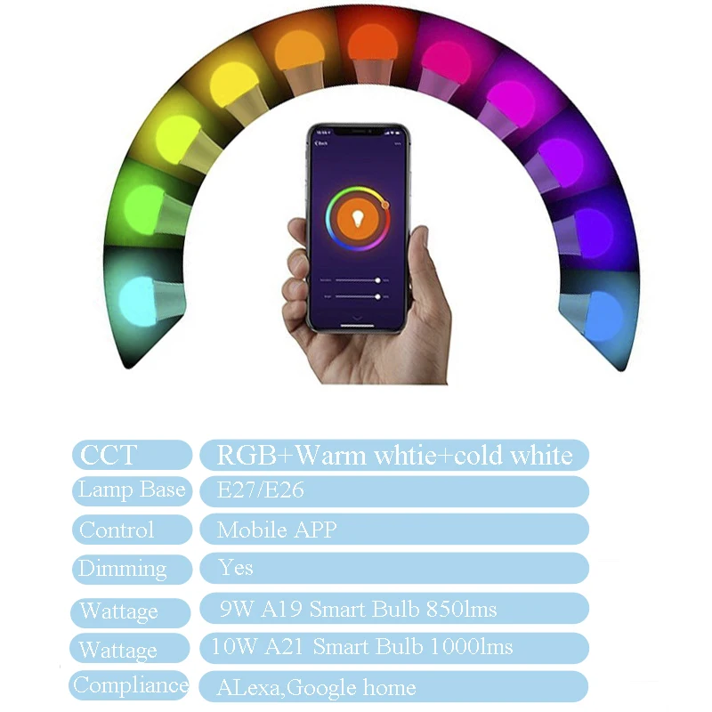 

10W WiFi Smart Light Bulb B22 E27 LED RGB Lamp Work with Alexa/Google Home 85-265V RGB+White Dimmable Timer Function Magic Bulb