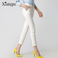 xisteps new 2020 autumn mid waist ankle length casual pants solid color female work wear office ladies elastic trousers capris