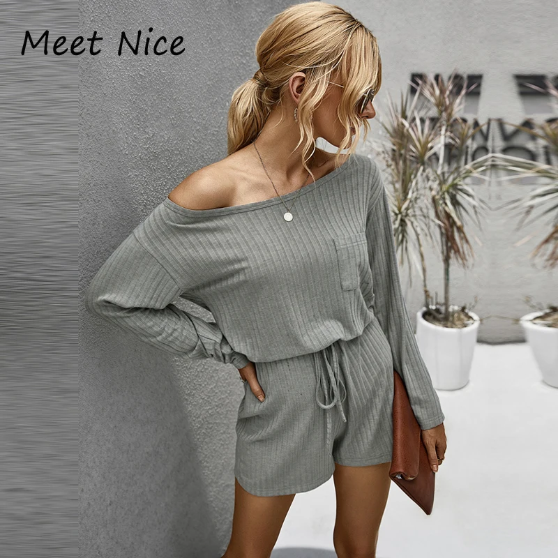 Женский Облегающий комбинезон на шнуровке пикантный в рубчик с длинным рукавом