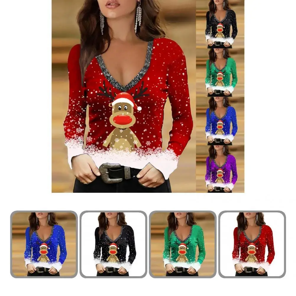 

Осенне-зимняя модная блестящая женская блузка с принтом оленя, быстросохнущая Блузка с V-образным вырезом для вечеринки