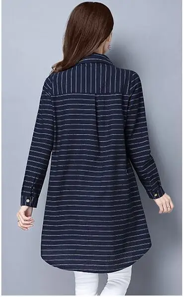 

#2910 Spring Blue Red Black Stripe Cotton Linen Shirt Female Slim Long Sleeve Shirt Tunic Elegant Casual Asymmetrical Blouse