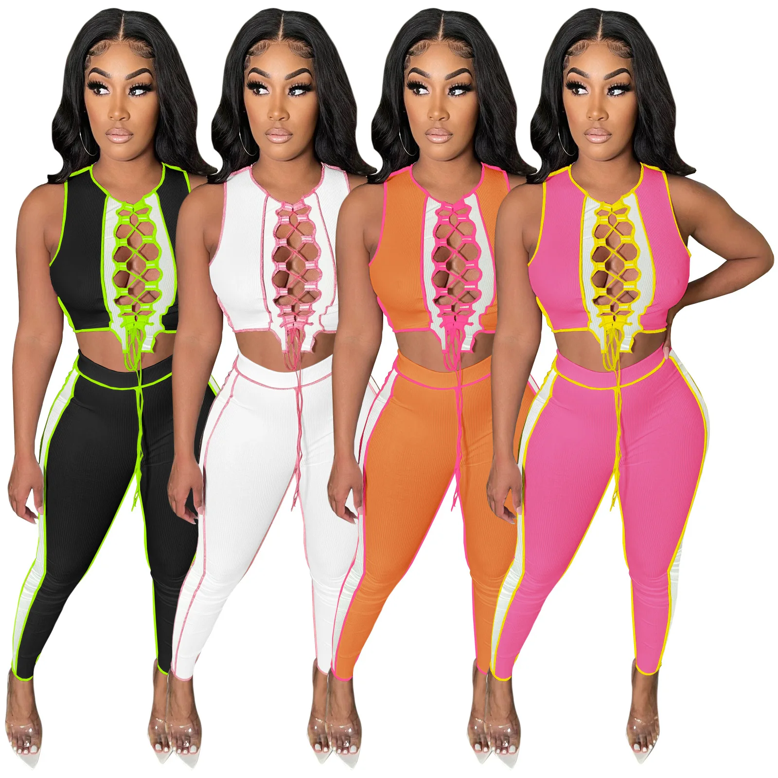 

Summer Two Piece Sets Backless Ribbed Top Women Sleeveless Hollow Out Lace Up Patchwork Sexy Bodycon Crop Top Joggers Pants Sets