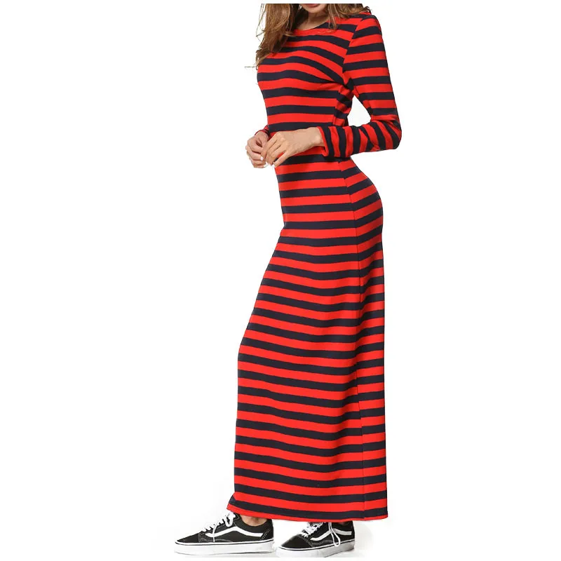2020 Spring Striped Long Dress Women Casual Sleeve O Neck Bodycon Women's Elegant Slim Outwear Maxi Vestidos | Женская одежда