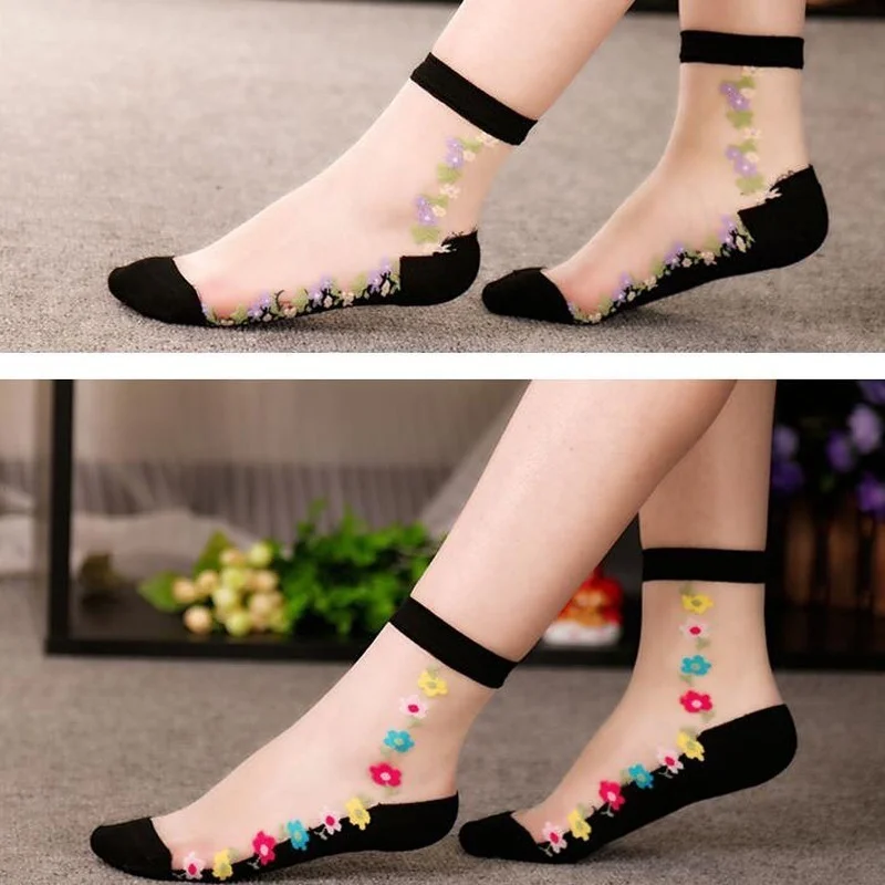 1 пара красивых женских носков с цветами летние кружевные прозрачные шелковые
