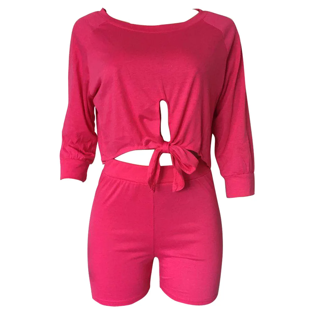 pink HAOYUAN, неоновый сексуальный комплект из двух предметов, спортивный костюм, женская одежда, укороченные топы и байкерские шорты, спортивный костюм, 2 шт., подходящие комплекты, праздничная одежда - Цвет: pink