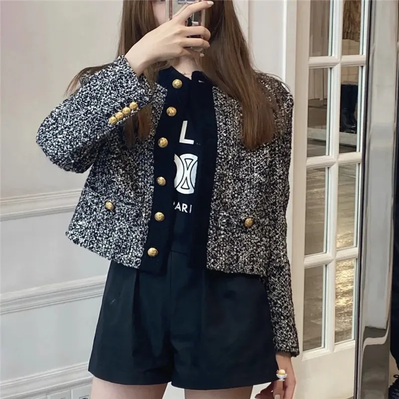 

Houndstooth Plaid Tweed Coats and Jackets Women 2021 Fall Vintage Crop Jacket OL Round Neck Single Breasted Short Coat Outwear