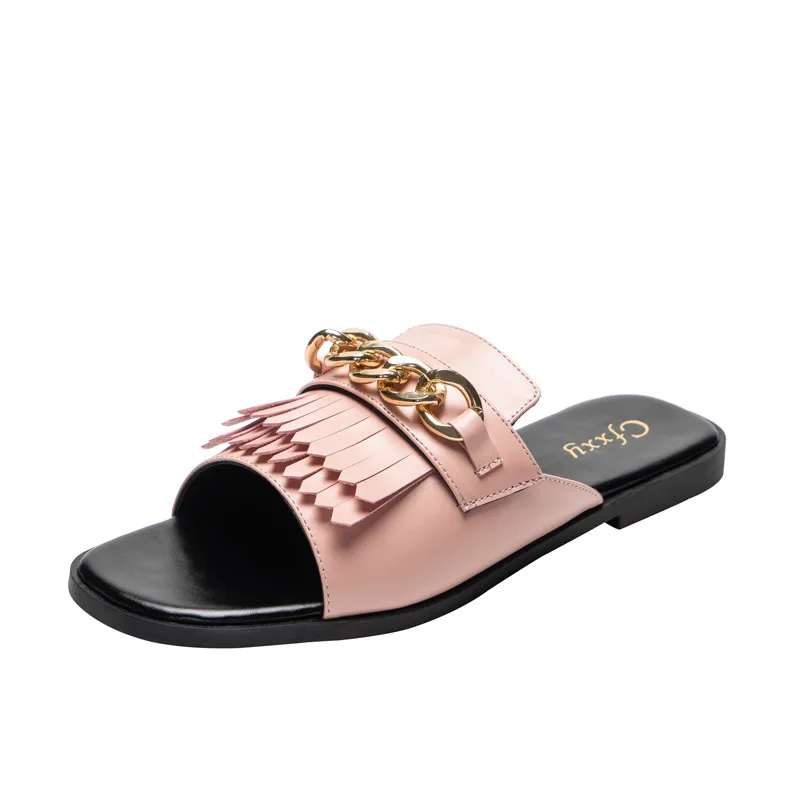 

2021 Summer New Women Slippers Open-toe Flat Slippers Metal Chain Tassel Beach Slides Casual Fringe Flip Flops Ladies Shoes