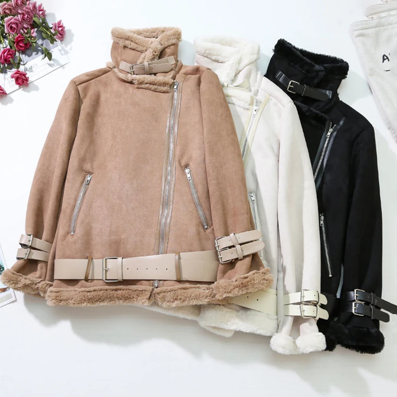 

Winter Women's Cashmere Leather Coat Fashion Motorcycle Uniform Thickened Warm Fur One-piece Loose Jacket 2022 Christmas Gift