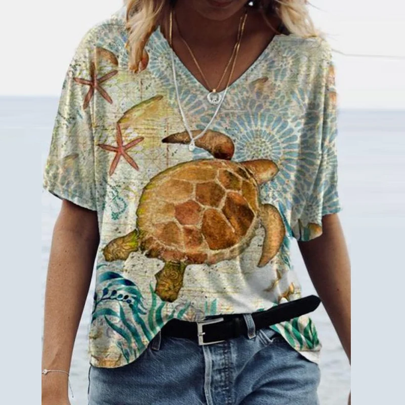 

Cute Animal Printed Casual Summer Blouse Shirts Women Elegant V-Neck Pullovers Female Short Sleeve Loose Tops Blusas Streetwear