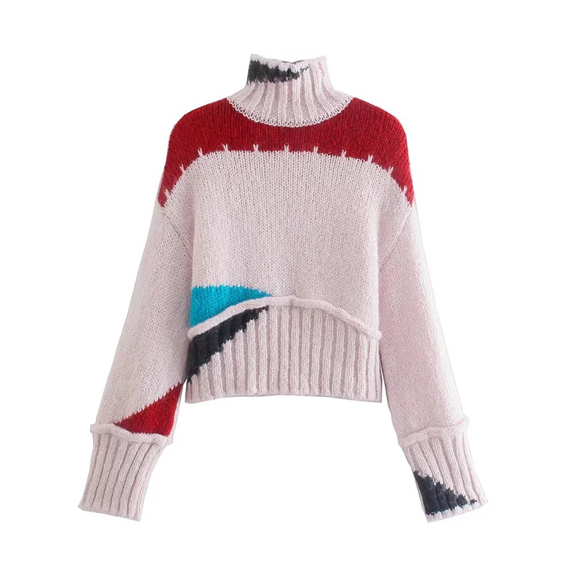 

Women Color Block Knit Turtleneck Sweater Mujer Long Sleeve Casual Christmas Pullovers Autumn Winter Crop Top