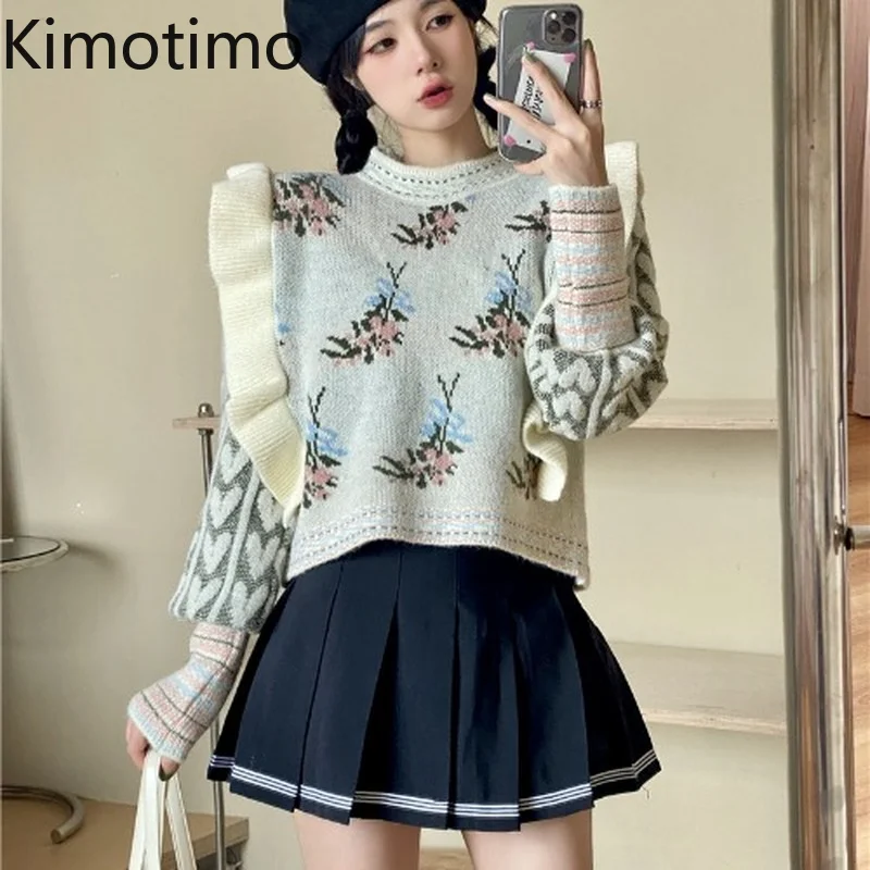 

Kimotimo Jacquard Sweater Women Korean Chic Sweet Ruffles Knitted Cardigan Autumn Winter Design Long Sleeve Cropped Sweaters Ins