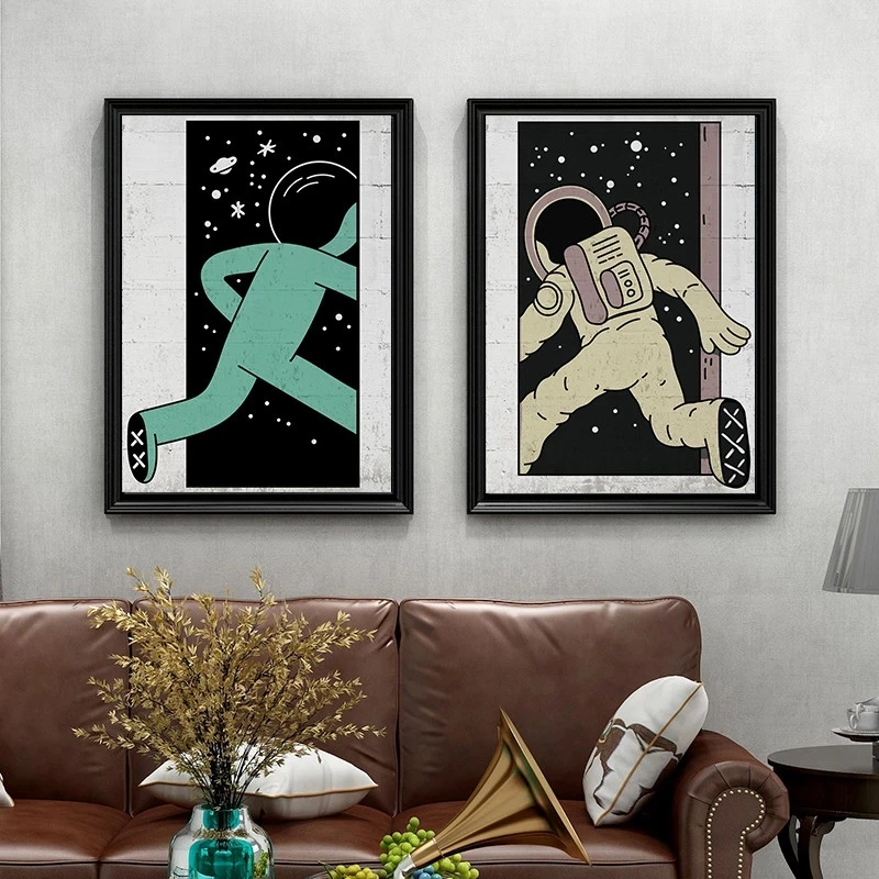 

Nordic Wall Art Funny Astronaut Running Cartoon Poster And Printed Astronaut Canvas Painting On Home Decoration Frame Picture