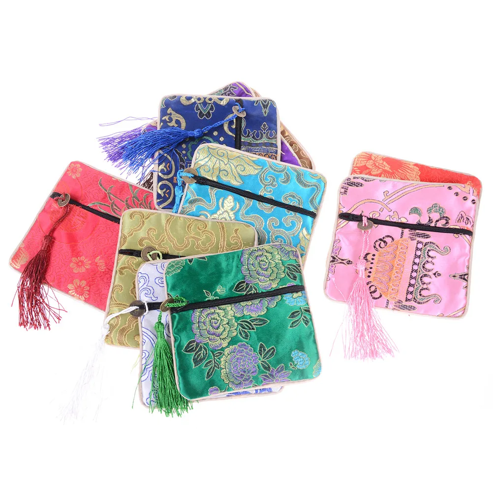 

1PC Chinese Style Handmade Tassel Rectangle Zipper Gift Coin Purse Silk Brocade Jewelery Bag Trinket Comb Cosmetic Storage Pouch