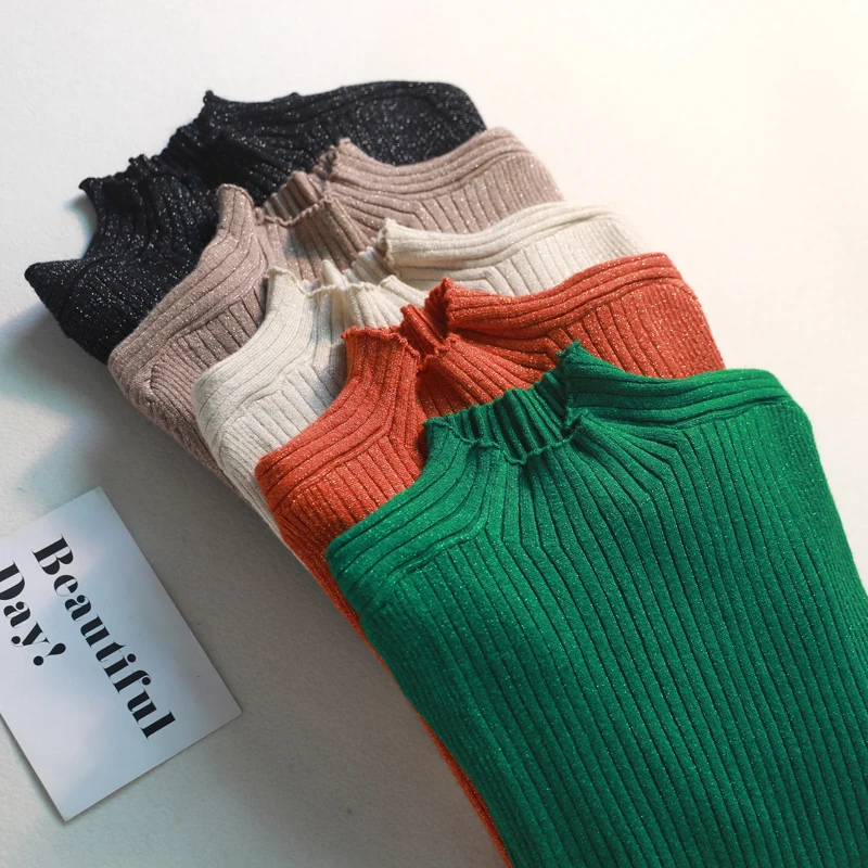 2019 Блестящий вязаный свитер с высоким воротником блестящий женский пуловеры